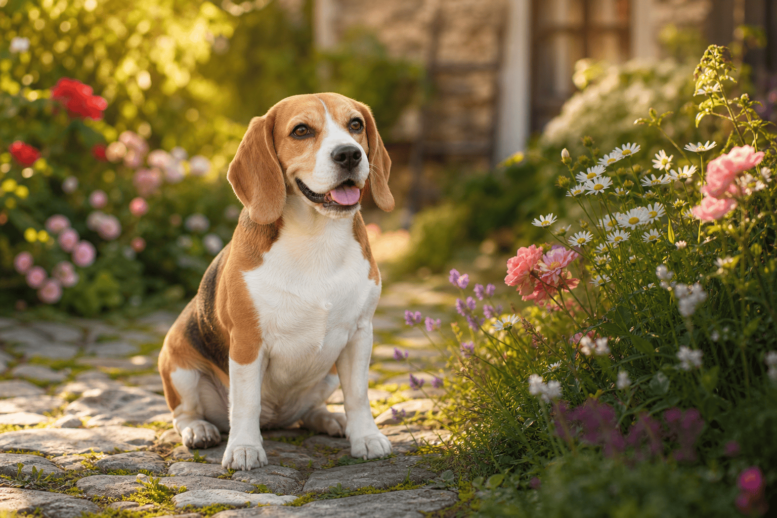 A realistic custom pet portrait in a sunlit garden